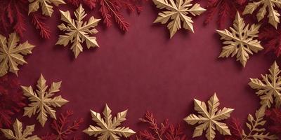 The primary subject of the image is a red background with a pattern of leaves and snowflakes. The leaves are made of wood and are arranged in a decorative manner. The setting is a red fabric, which serves as the background for the pattern. The visual style is a combination of digital art and illustration, creating a unique and eye-catching design. The colors are predominantly red, which gives the image a warm and inviting atmosphere.